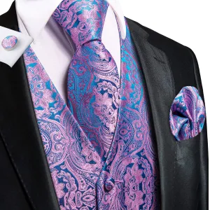 Shiny Pink Blue Paisley Silk Men's Vest Hanky Cufflinks Tie Set Waistcoat Suit Set