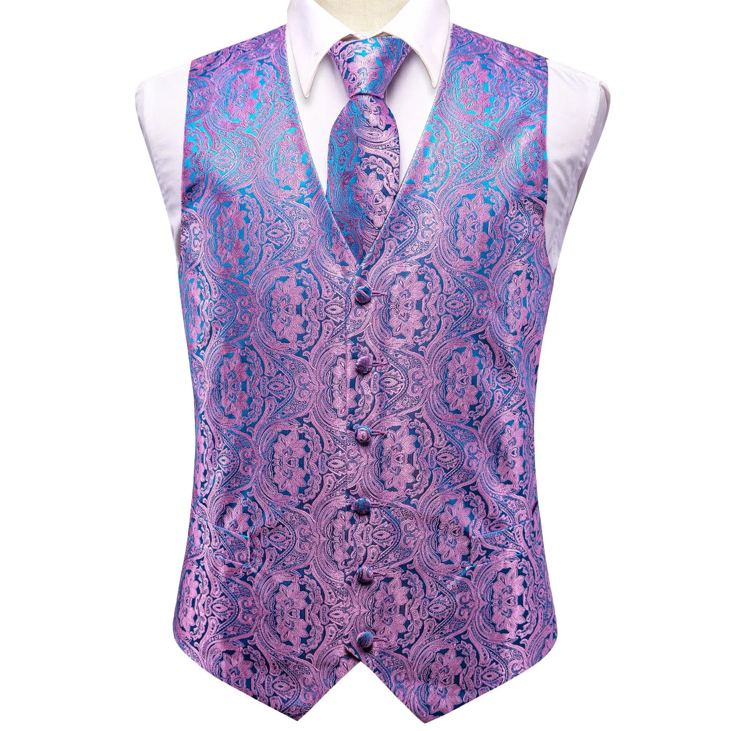 Shiny Pink Blue Paisley Silk Men's Vest Hanky Cufflinks Tie Set Waistcoat Suit Set