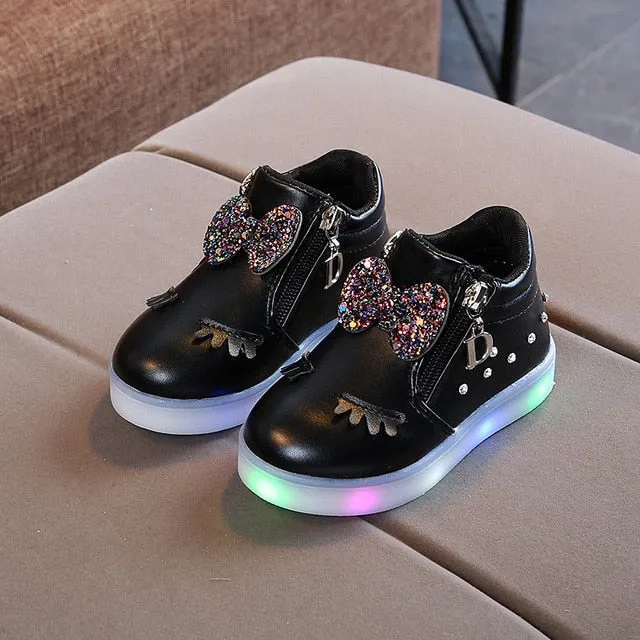 Size 21-30 Children Glowing Sneakers Kid Princess Bow for Girls LED Shoes Cute Baby Sneakers with Light Shoes Krasovki Luminous