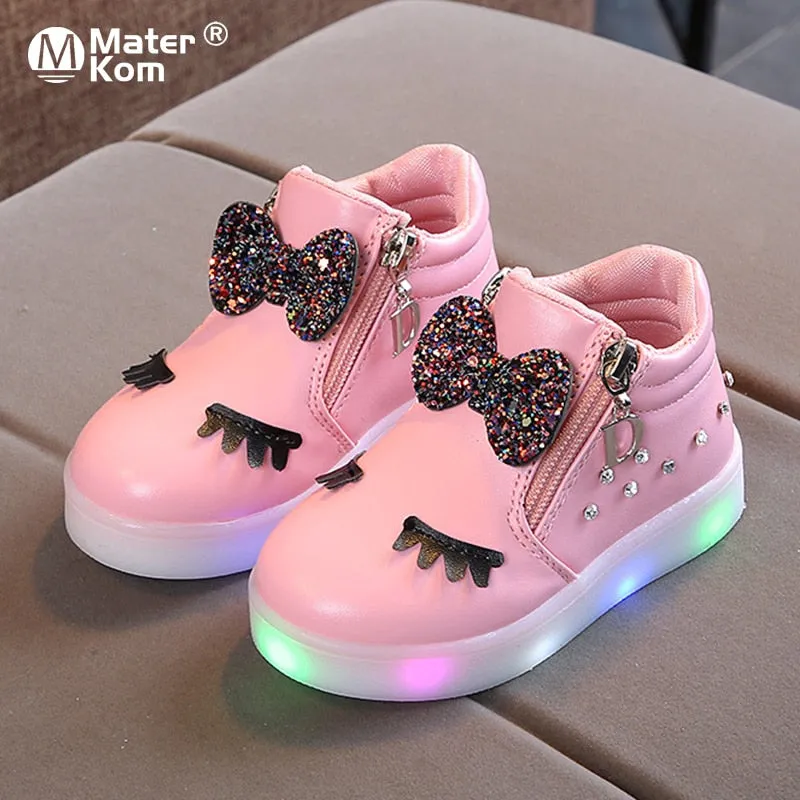 Size 21-30 Children Glowing Sneakers Kid Princess Bow for Girls LED Shoes Cute Baby Sneakers with Light Shoes Krasovki Luminous