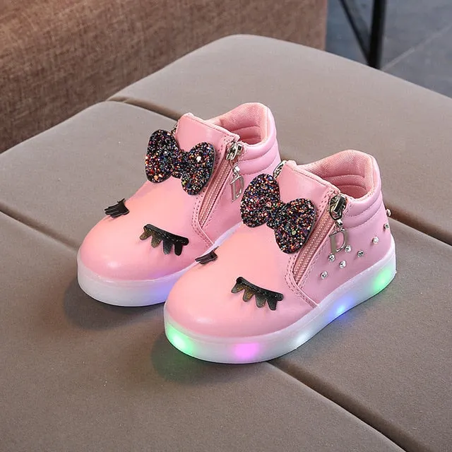 Size 21-30 Children Glowing Sneakers Kid Princess Bow for Girls LED Shoes Cute Baby Sneakers with Light Shoes Krasovki Luminous