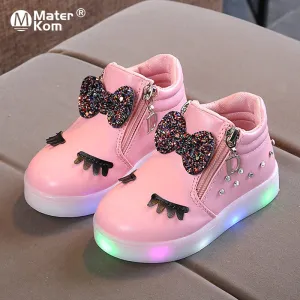 Size 21-30 Children Glowing Sneakers Kid Princess Bow for Girls LED Shoes Cute Baby Sneakers with Light Shoes Krasovki Luminous