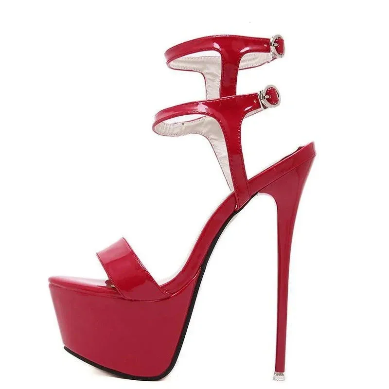 Sizzling PU Leather Ankle Straps Open Toe Thin Super High Heels Sandals