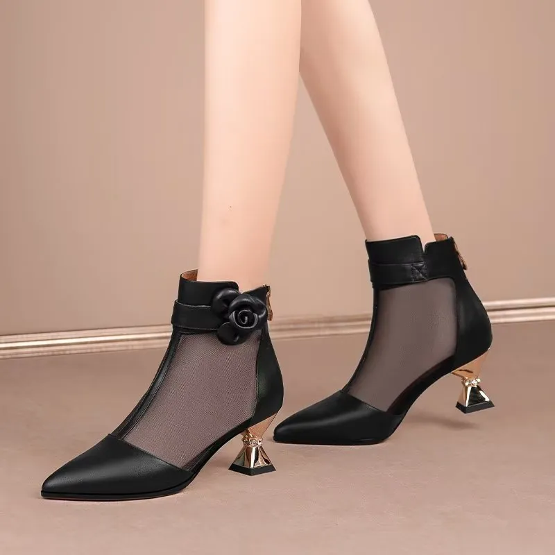 Sophisticated Mesh Pointed Toe Heeled Boots