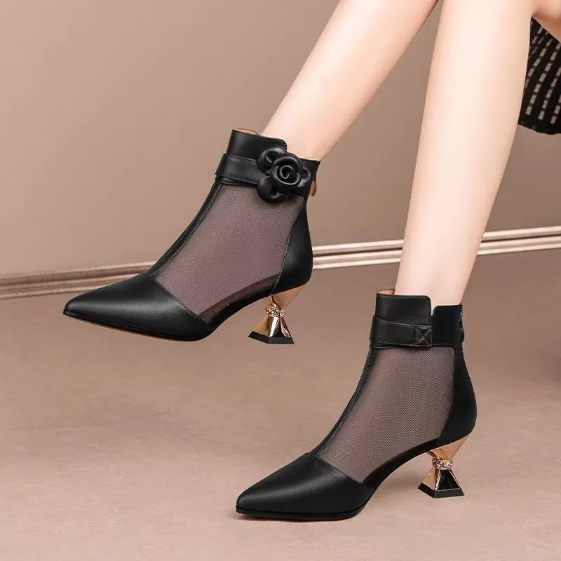 Sophisticated Mesh Pointed Toe Heeled Boots