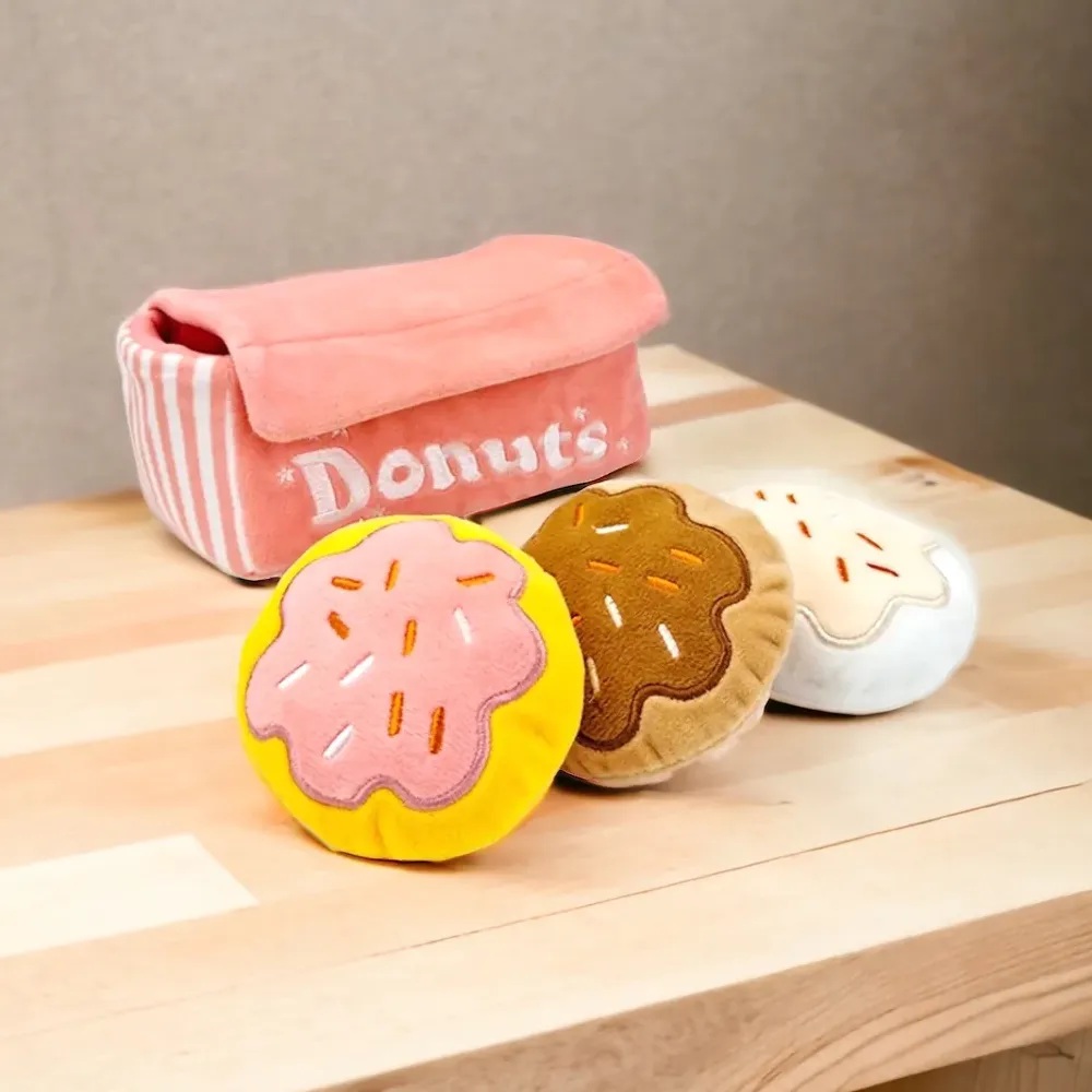 Talking Dog Club Donut Box with 3 Detachable Donut Interactive Plush Toy for Dogs (Pink)