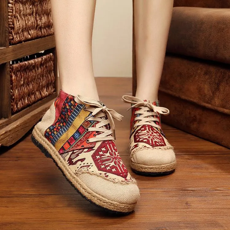 Vintage Boho Folk Pattern Lace-up Flat Canvas Shoes