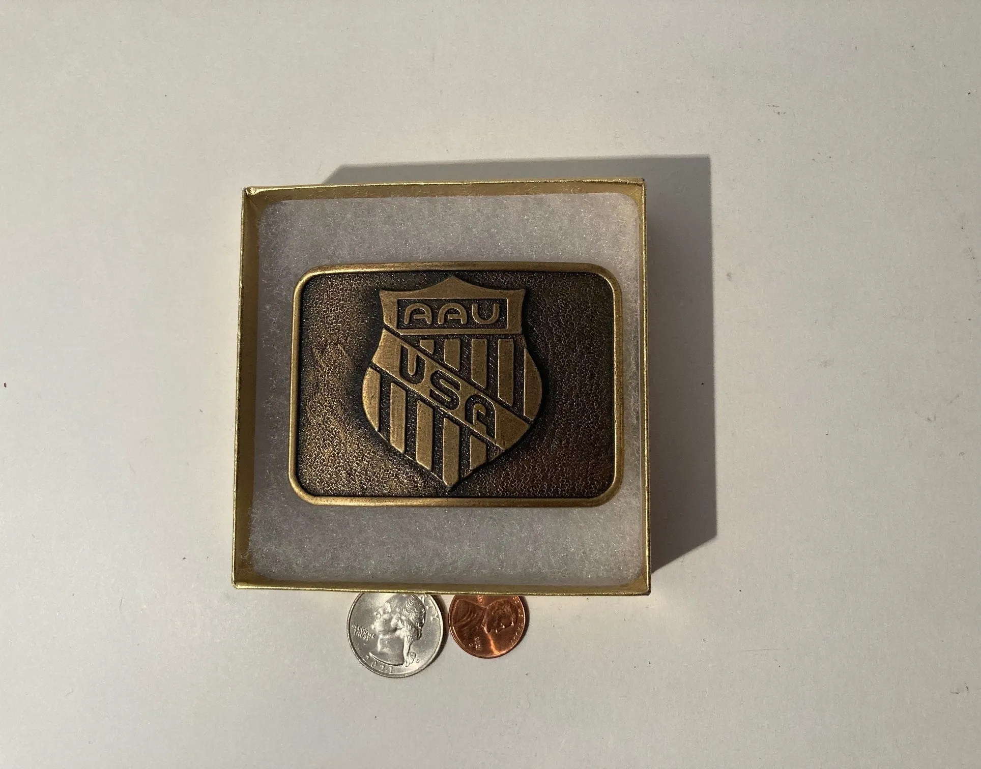 Vintage Metal Belt Buckle, AAU, Amateur Athletic Union USA. R J Roberts, 3" x 2 1/4", Heavy Duty, Quality, Made in USA, For Belts, Fashion