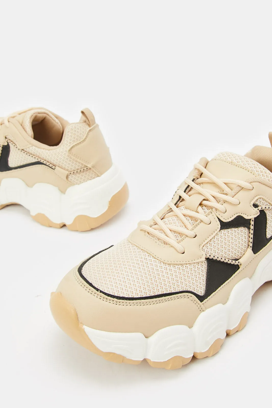 Women Beige And Black Chunky Lace Up Sneaker