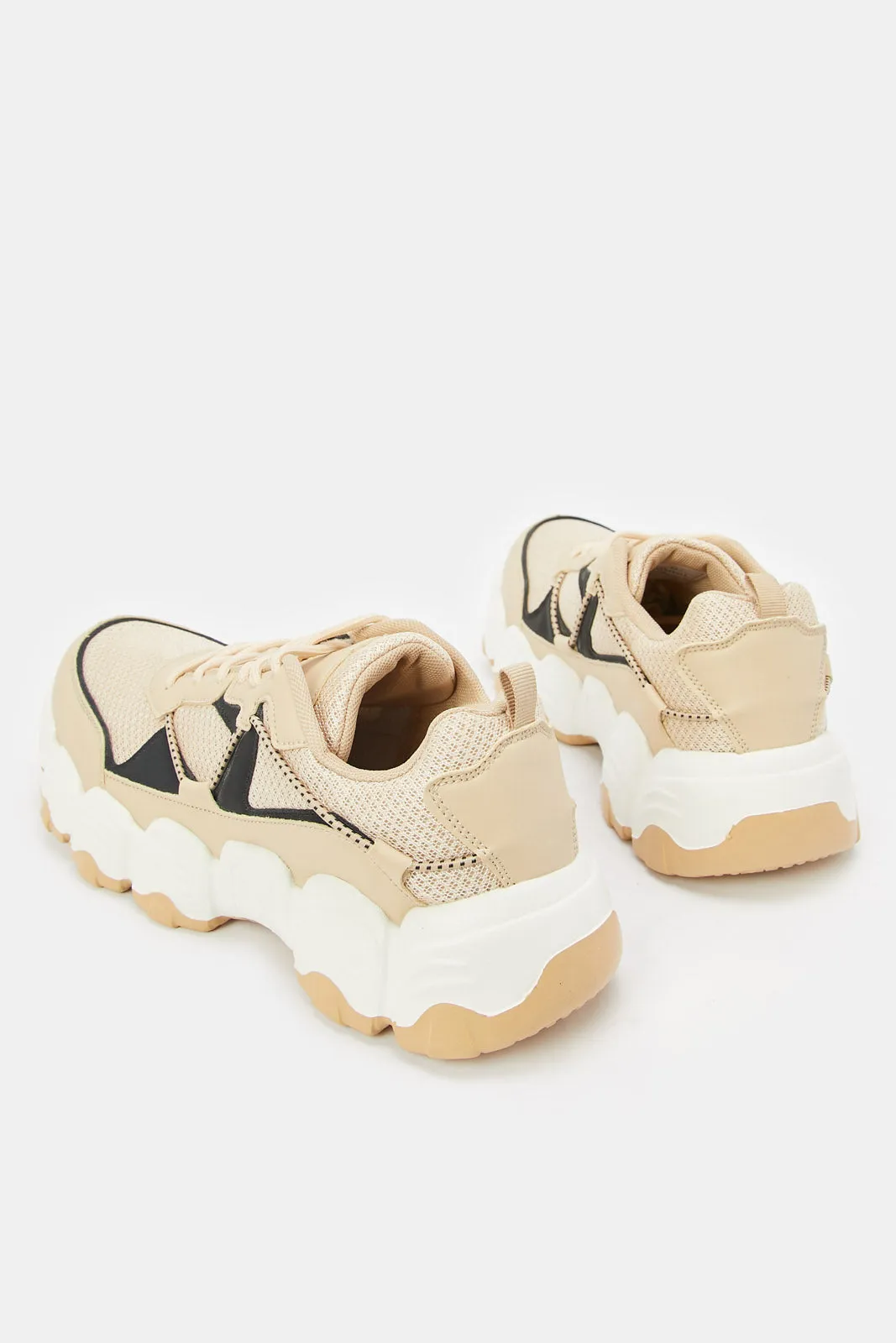 Women Beige And Black Chunky Lace Up Sneaker