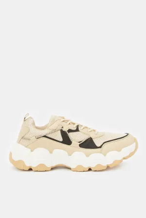 Women Beige And Black Chunky Lace Up Sneaker