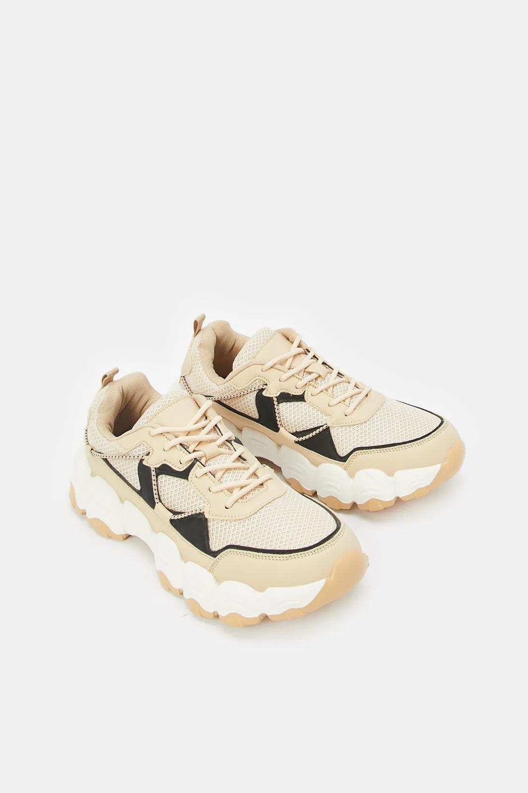 Women Beige And Black Chunky Lace Up Sneaker