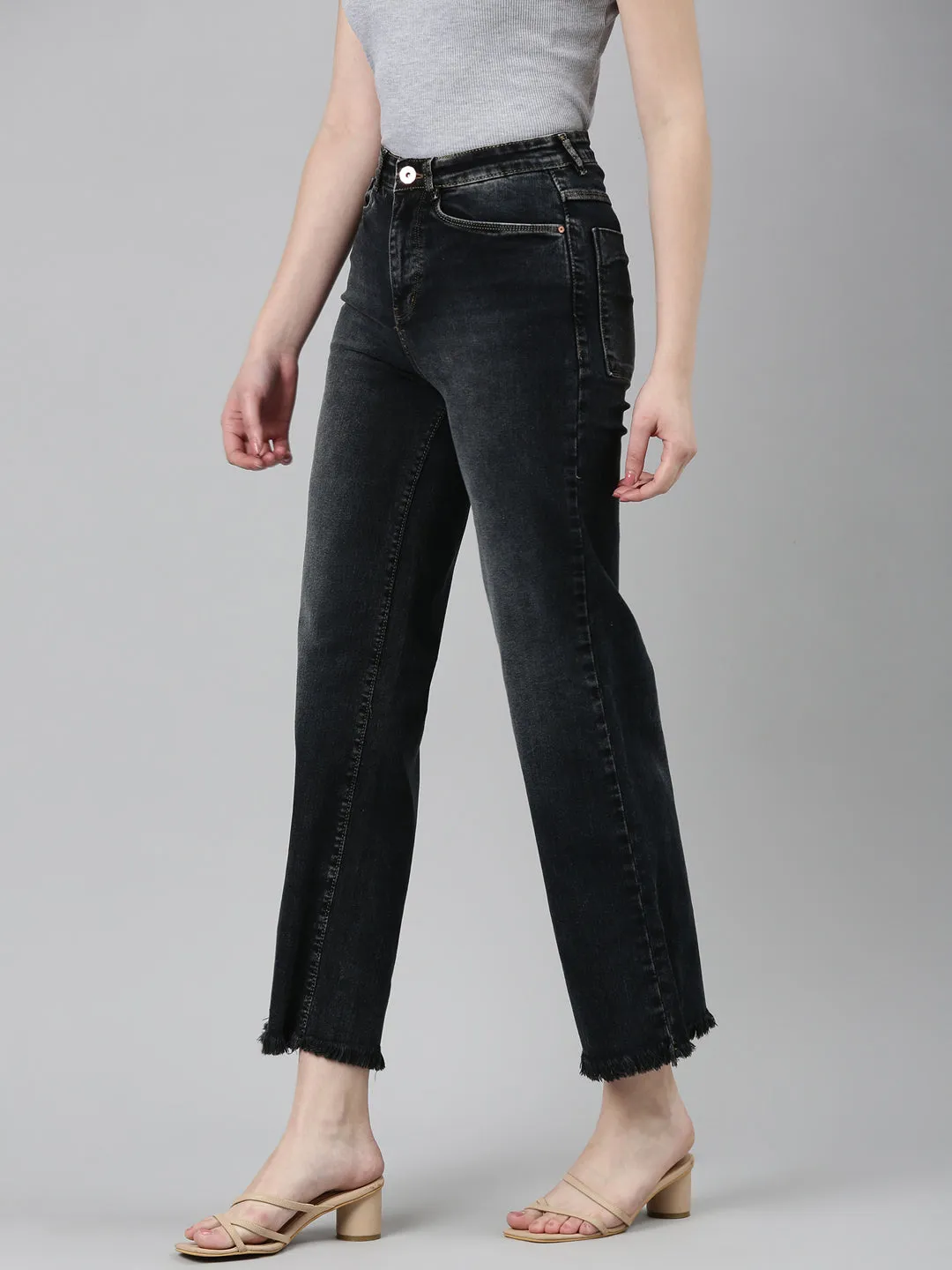 Women Charcoal Solid Mom Fit Denim Jeans