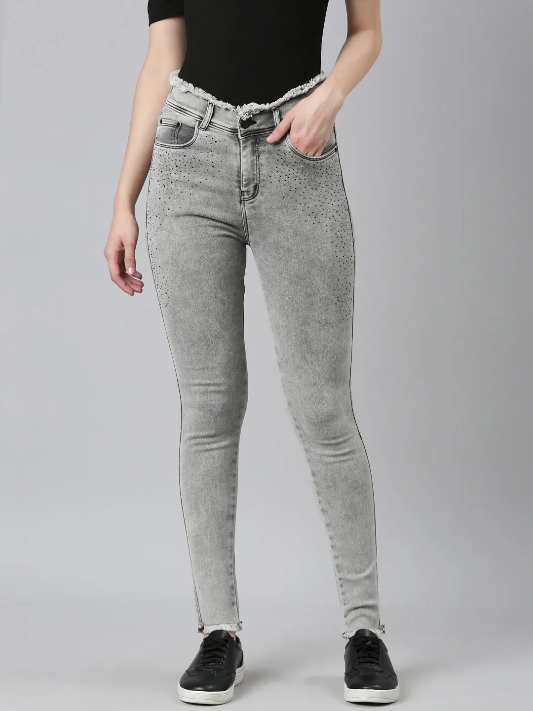 Women Grey Embellished Skinny Fit Denim Jeans