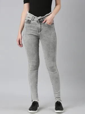 Women Grey Embellished Skinny Fit Denim Jeans