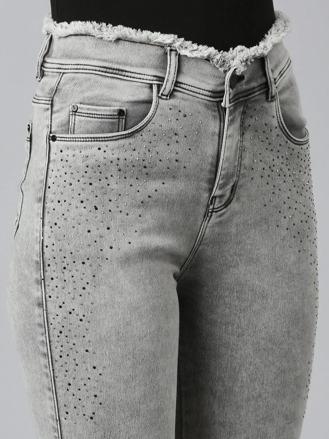 Women Grey Embellished Skinny Fit Denim Jeans