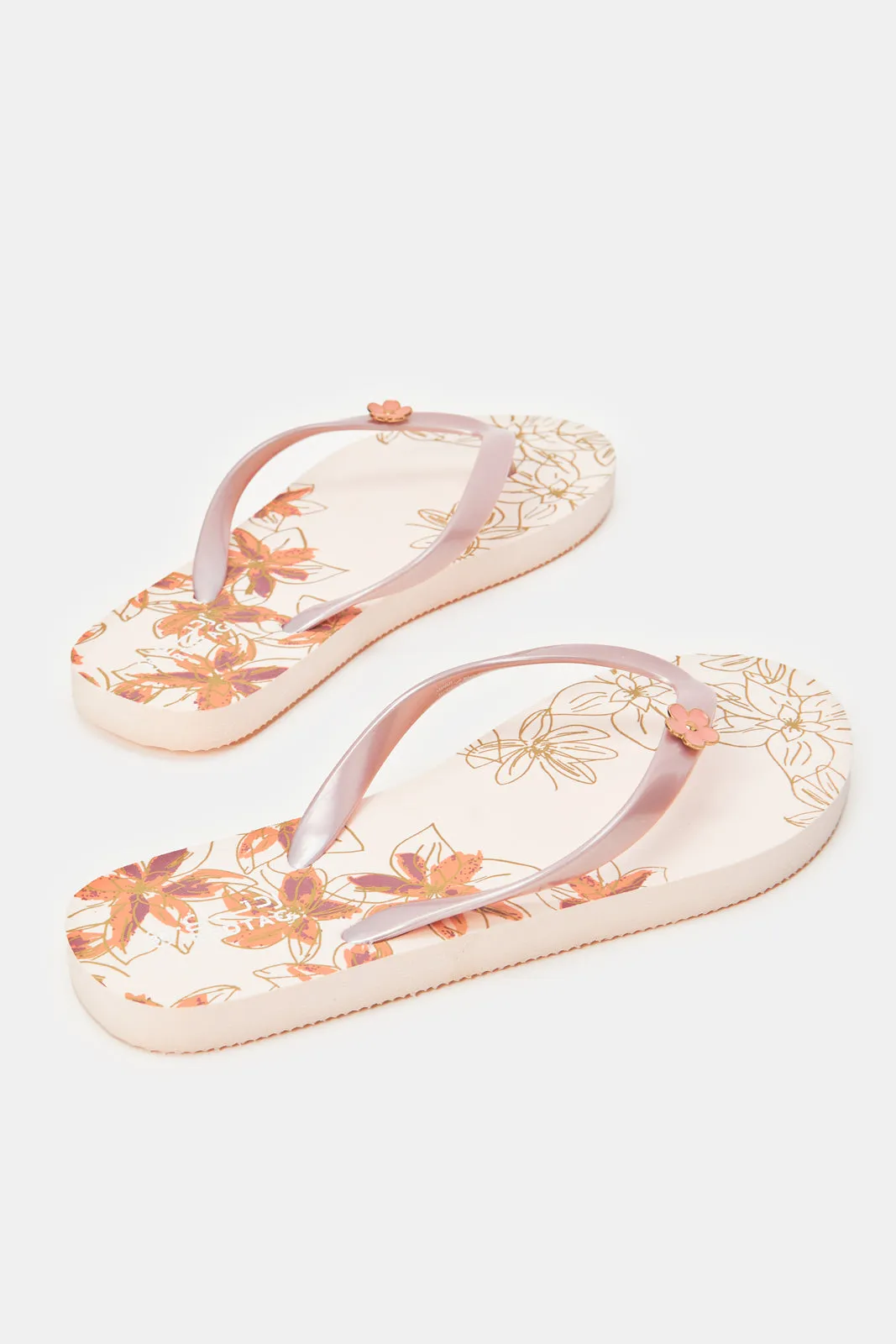 Women Pink Flip Flop With Flower Trim