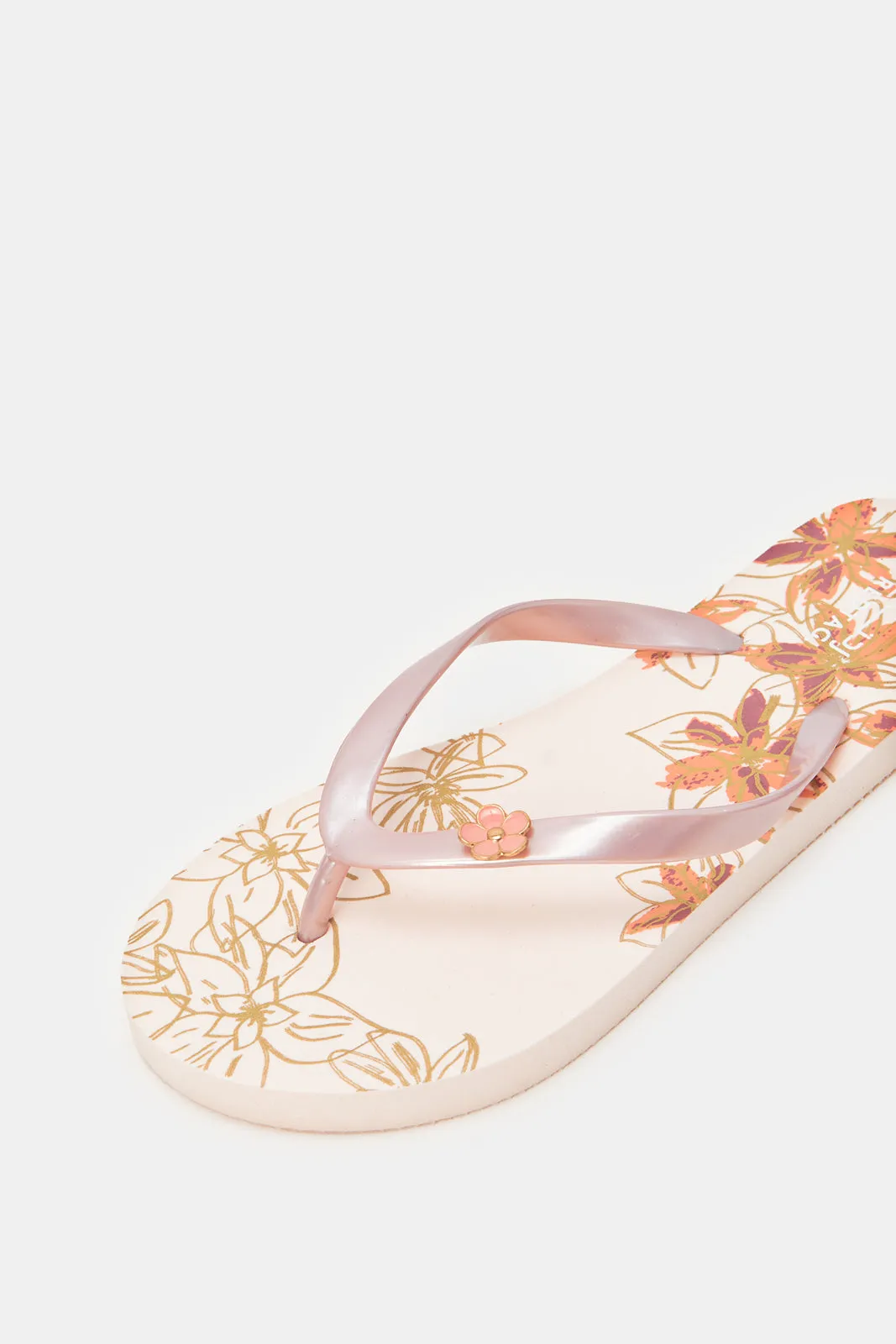 Women Pink Flip Flop With Flower Trim