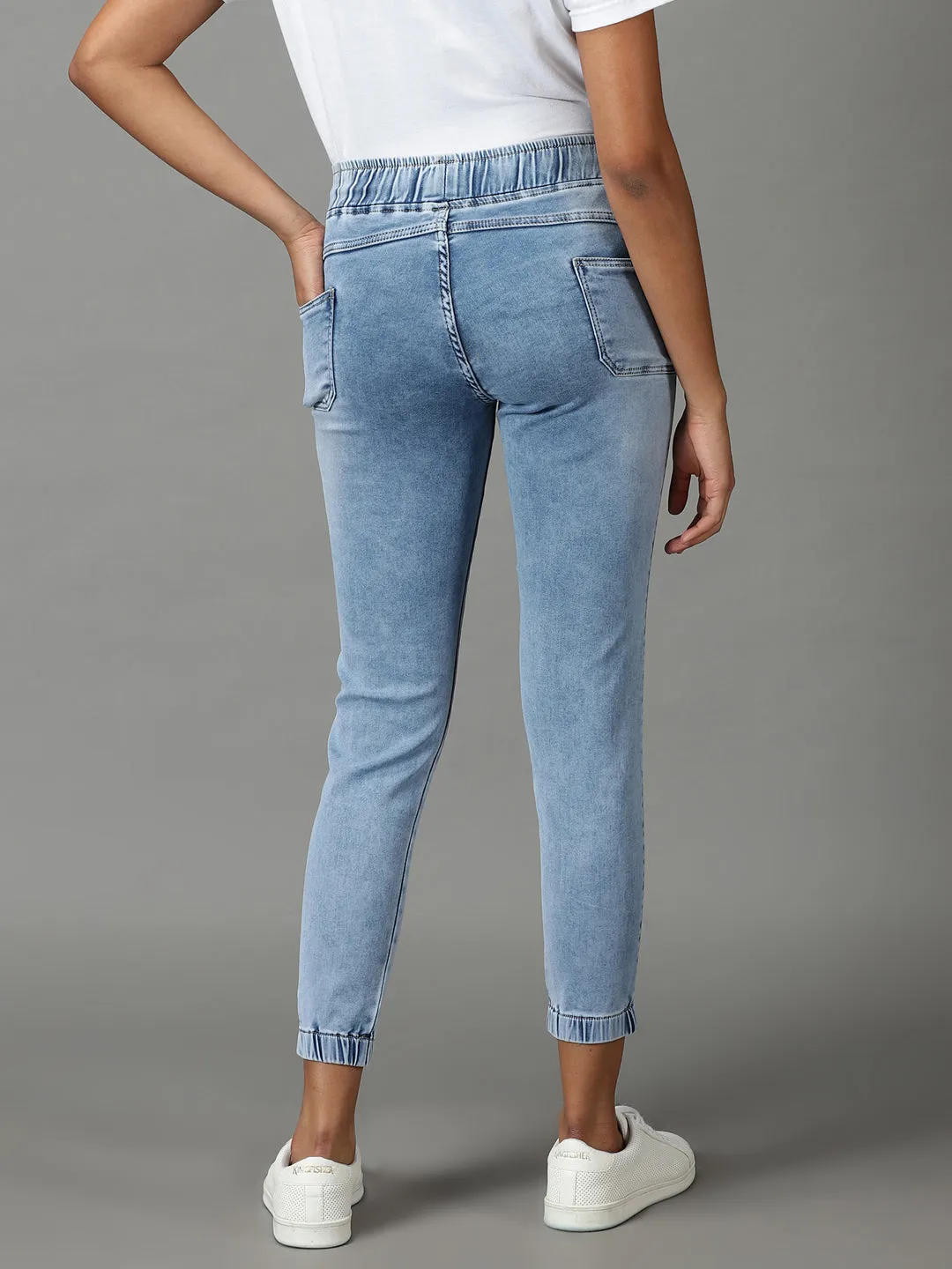 Women's Blue Solid Jogger Denim Jeans