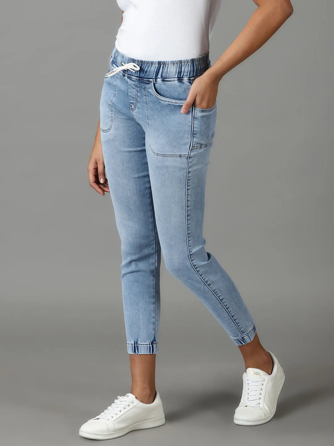 Women's Blue Solid Jogger Denim Jeans