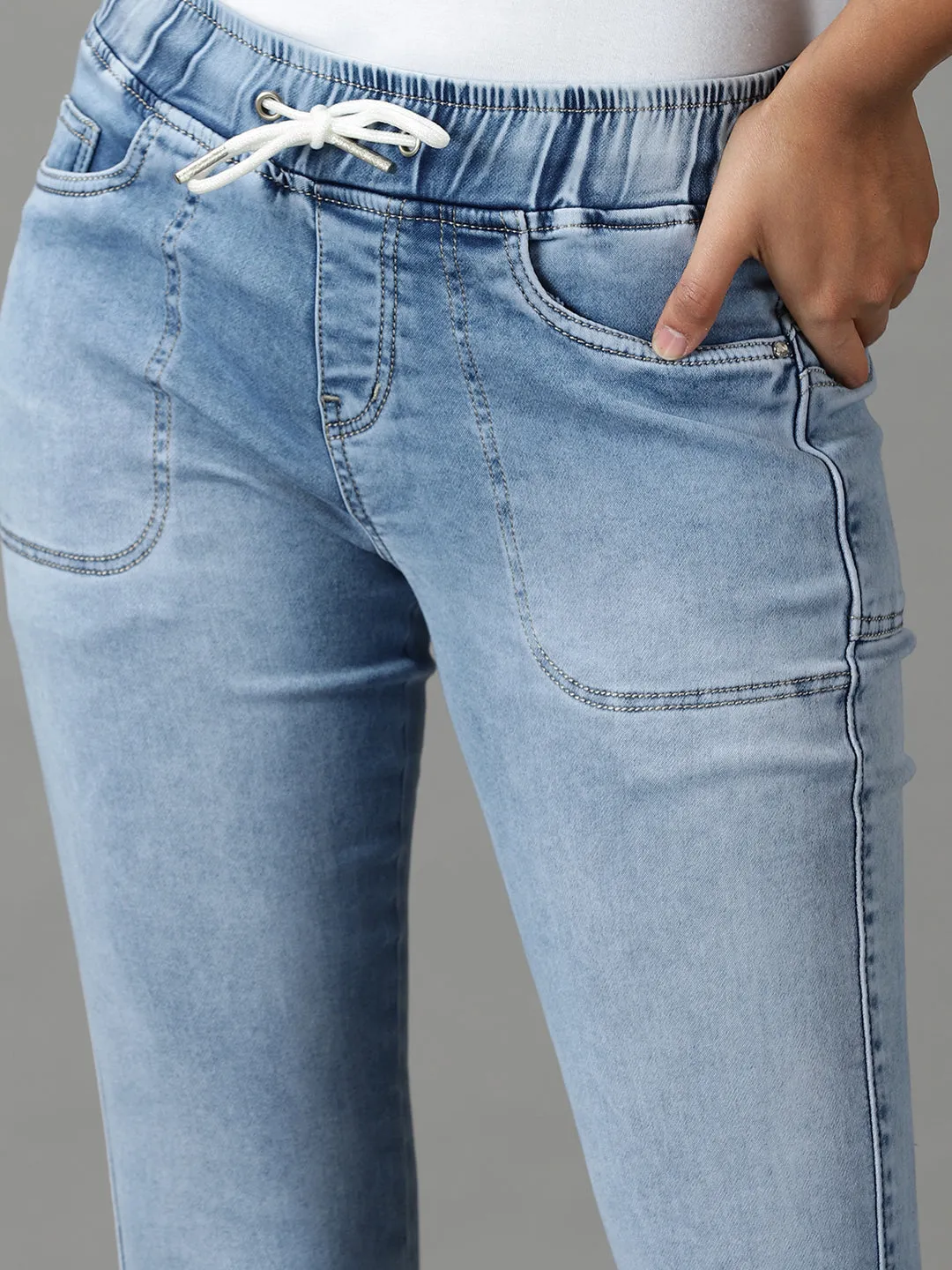 Women's Blue Solid Jogger Denim Jeans