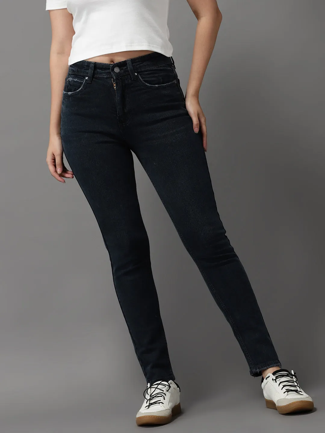 Women's Grey Solid Slim Fit Denim Jeans