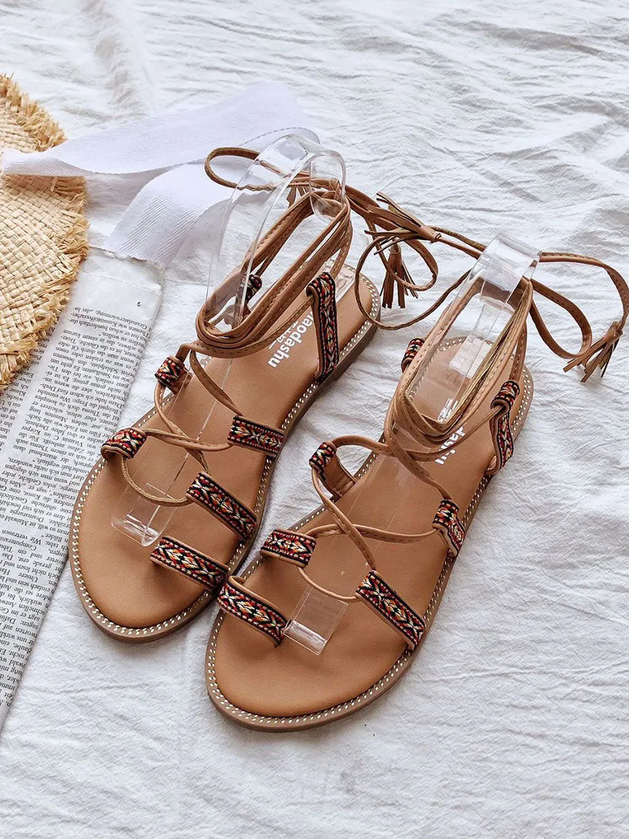 Women's Round Toe Strap Toe Ring Boho Sandals