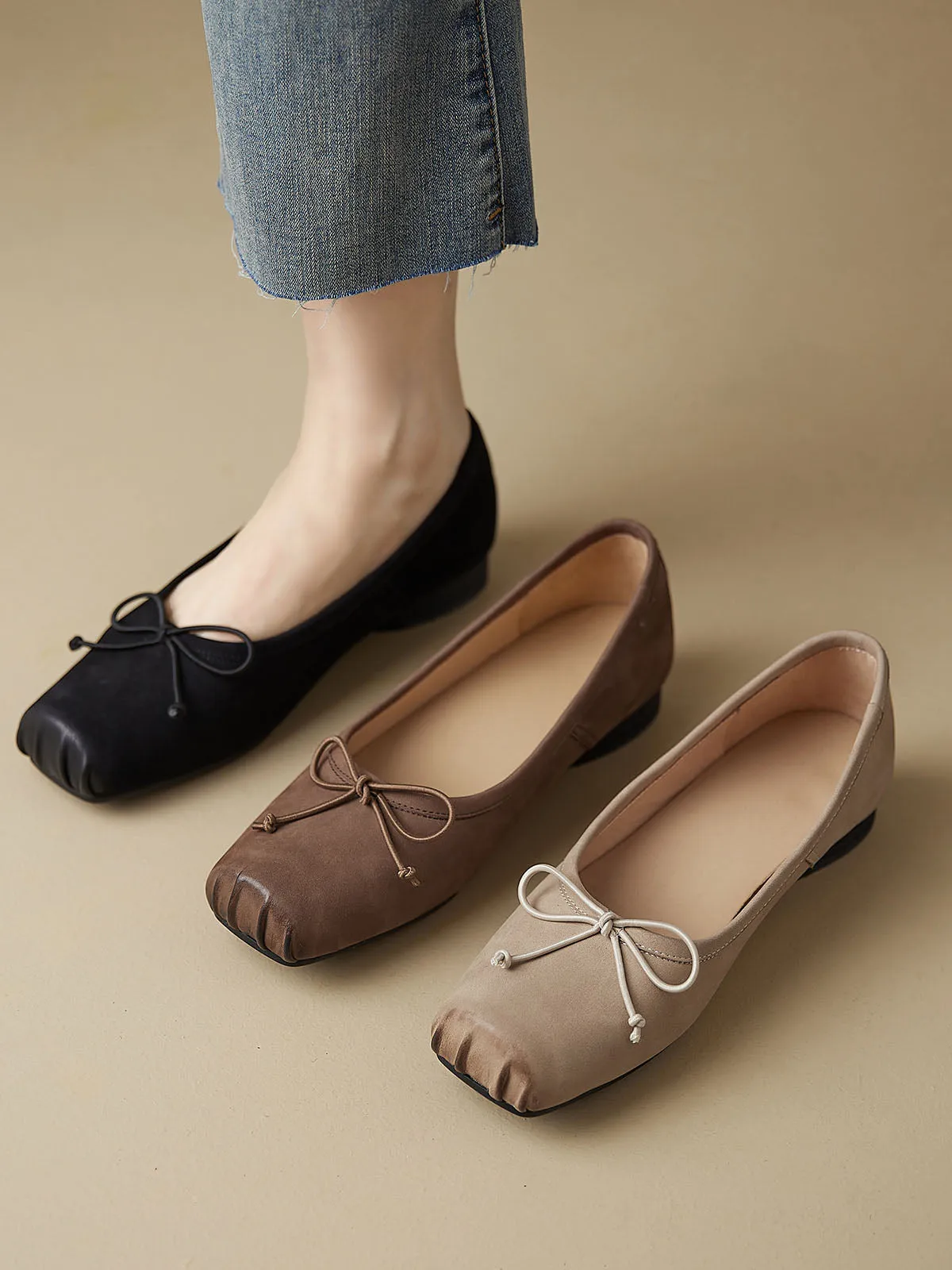 Women's Solid Color Square Toe Leather Ballerina