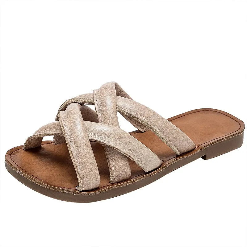 Woven Leather Gladiator Slide Sandals  for Women Flat Slippers in Brown/Beige/Grey