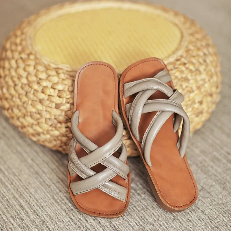 Woven Leather Gladiator Slide Sandals  for Women Flat Slippers in Brown/Beige/Grey