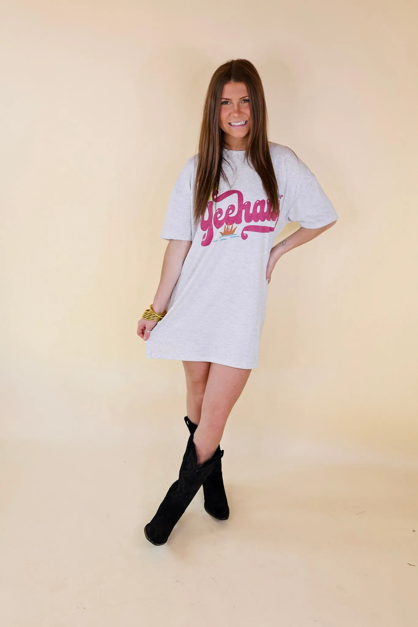 YeeHaw Short Sleeve Tee Shirt Dress in Heather Grey