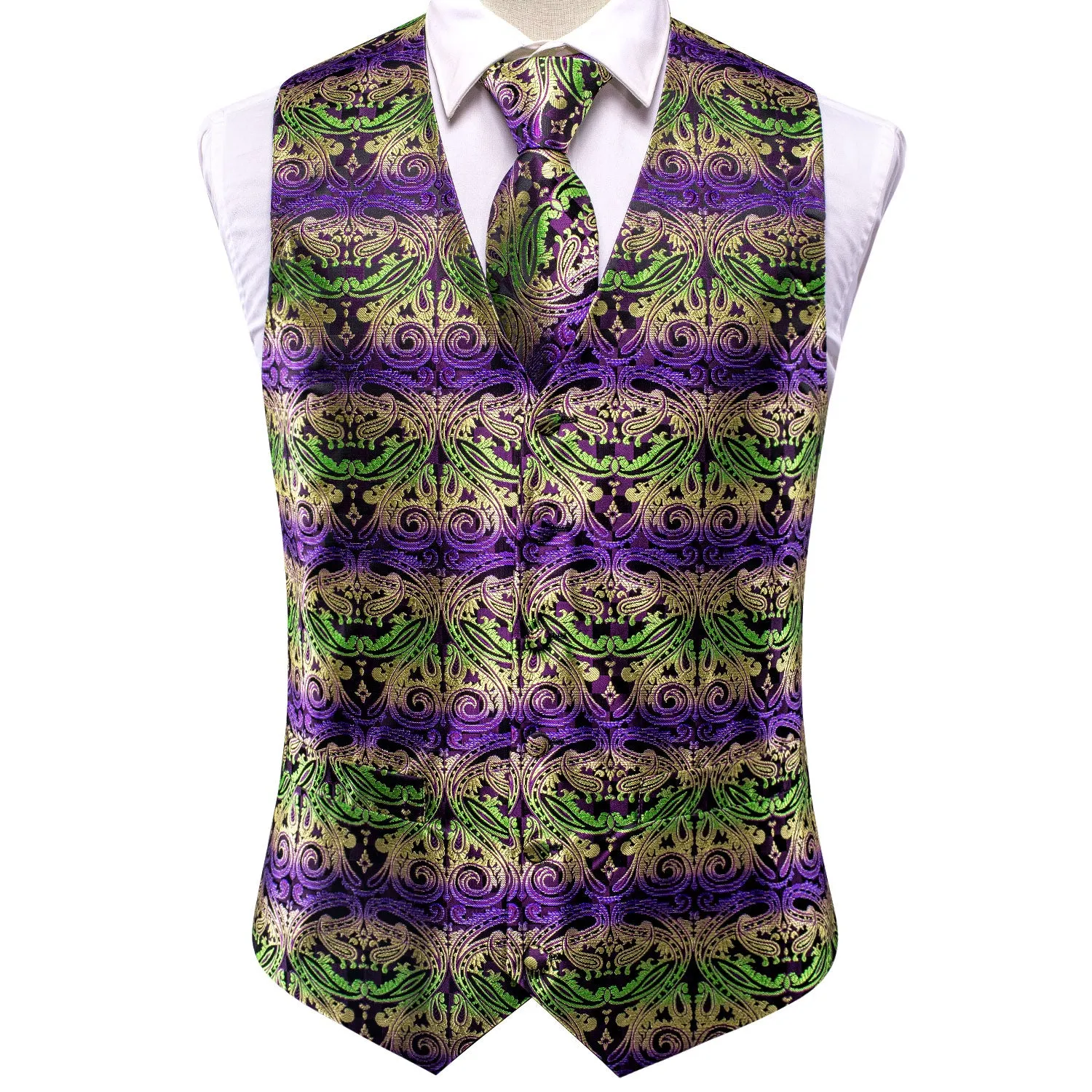 Yellow Green Purple Paisley Silk Men's Vest Hanky Cufflinks Tie Set Waistcoat Suit Set