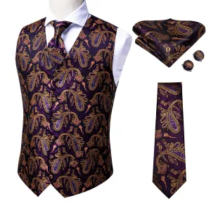 Yellow Purple Paisley Silk Men's Vest Hanky Cufflinks Tie Set Waistcoat Suit Set